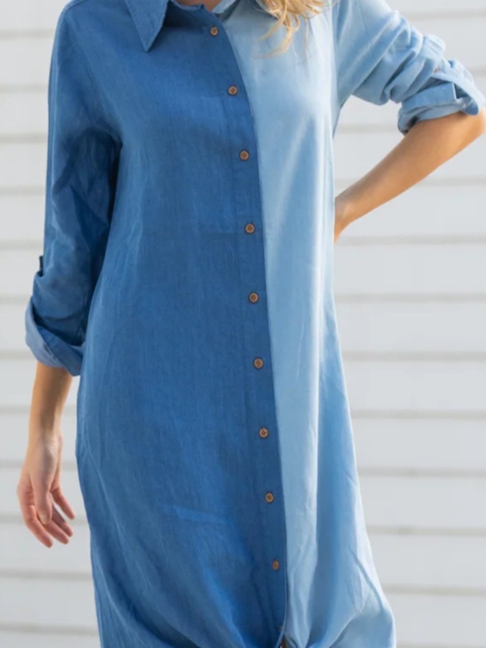Two-Tone Light & Dark Blue Midi Shirt Dress